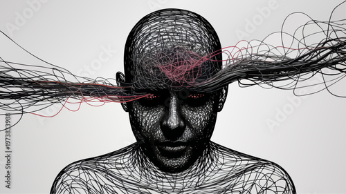 Abstract Human Head with Chaotic Neural Lines and Pink Brain Waves Depicting Mental Stress, Thought Overload, and Psychology