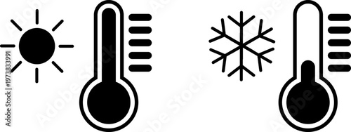 Weather icons depicting hot and cold temperature extremes alongside sun and snowflake symbols