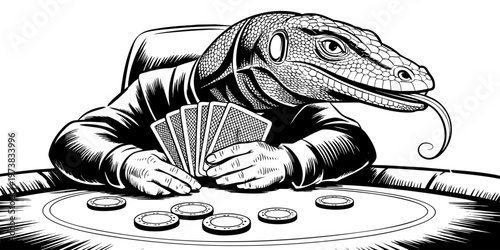 Komodo dragon poker player holding cards at casino table, detailed black ink illustration of reptile gambler with chips