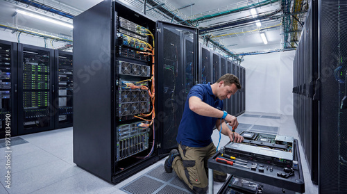 IT Engineer Repairing Servers in Modern Data Center.