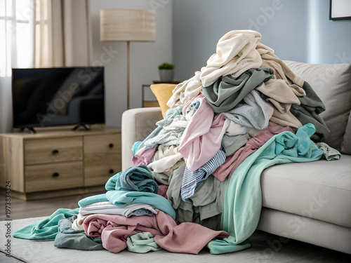 Pile of laundry on sofa messy living room household chores cleaning concept