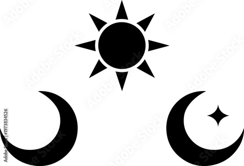Symbolic depiction of celestial bodies with a star and crescent moons