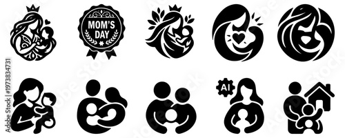 Mother And Baby Silhouette Icon Set Mothers Day Family Love Parenting Vector Collection