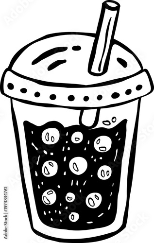 Bubble tea, hand-drawn doodle-style line art with playful imperfect lines. Minimalist vector illustration of a single bubble tea cup with straw and tapioca pearls. Perfect for cafe branding, menu desi