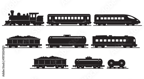 Vintage Steam Locomotive and Modern Train Silhouettes Set Showing Passenger and Freight Rail Cars