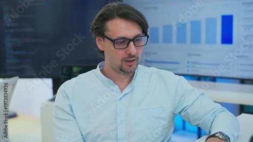 Smart programmer architect explains AI agent workflow in online meeting, showcasing new paradigm shift disrupting modern business through intelligent automation and digital transformation.