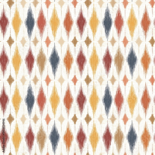 Seamless Pattern Boho Ikat Textile Design with Diamond Rosettes and Earthy Colors