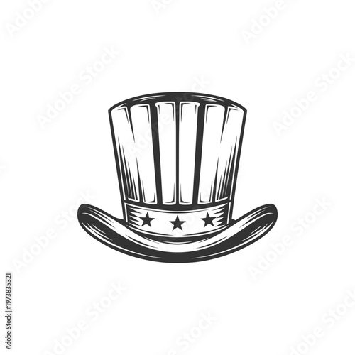 Vintage style uncle sam top hat illustration with stars and stripes band in woodcut design.