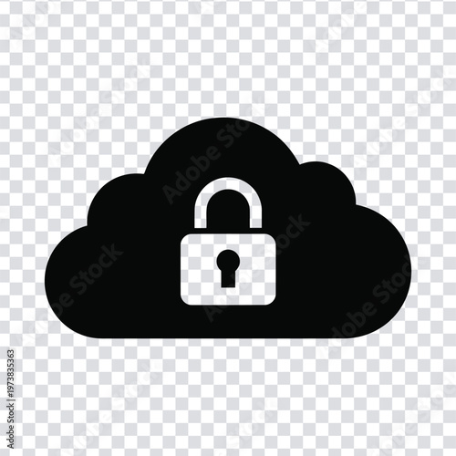 Vector illustration black cloud icon with a padlock on a transparent background