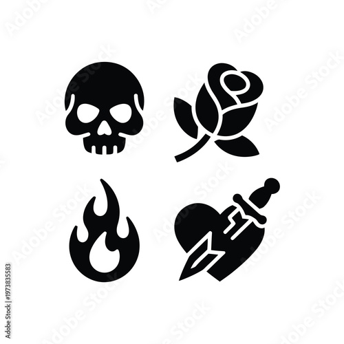 Gothic Tattoo Art Skull Flame and Rose Icons