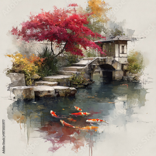 Koi Fish Swimming Under Stone Bridge In Japanese Garden For Zen Concepts