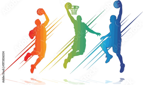 Dynamic basketball player silhouettes with colorful gradients. Athletic slam dunk action vector set. Abstract sports motion graphics with speed lines.