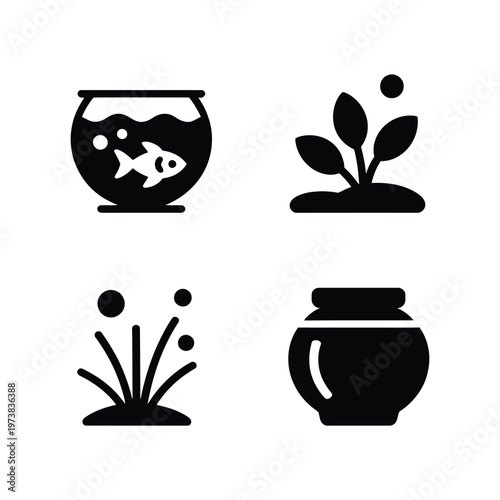 Aquarium Fish Tank and Aquatic Plant Vector Icons