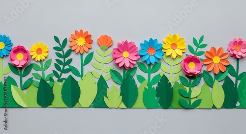 Colorful paper flowers and leaves border a grey background