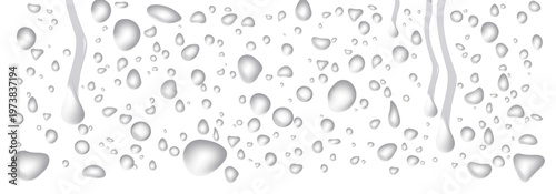 Closeup view of realistic water droplets and streaks forming natural patterns on a surface transparent background