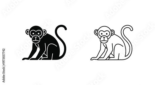 Monkey Icons: Black & White Primate Illustrations Vector