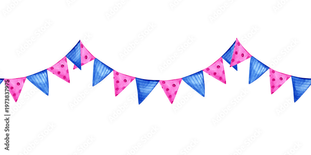 Fototapeta premium Hand drawn watercolor seamless horizontal border of festive party garland. These vibrant pink and blue triangular bunting flags feature polka dots and stripes, perfect for birthday celebrations.