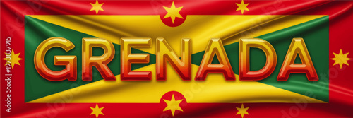 Grenada flag with glossy 3D text, vibrant Caribbean national banner illustration in red yellow green for travel and celebration