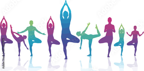 Colorful yoga silhouettes in various poses, vibrant gradient people practicing meditation and fitness, group of yoga figures for wellness and health