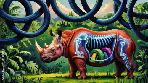 Surreal Rhino Anatomy Illustration in Jungle with Tires Overhead, Environmental Pollution Concept and Wildlife Conservation Art