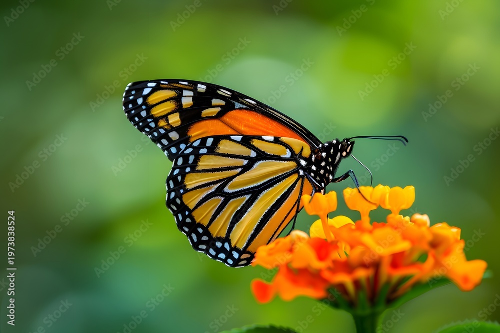 Fototapeta premium Monarch Butterfly Perched on Blooming Orange Flower Macro Nature Scene high resolution photo