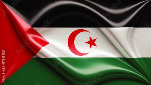 Waving Western Sahara Flag with Red Triangle Black White Green Stripes and Crescent Star, Detailed Silk Fabric Texture