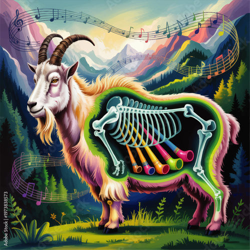 Surreal Mountain Goat Anatomy Illustration with Visible Skeleton, Colorful Horns, Musical Notes and Alpine Landscape Art