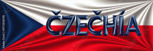 Czechia Typography Over Waving Czech Republic Flag, Patriotic National Banner Illustration in Blue Red and Silver