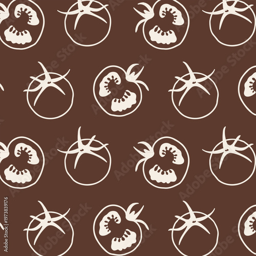 Dark seamless tomato pattern with whole fruits and slices in mediterranean style. Hand drawn line art design perfect for premium packaging, branding and textile.