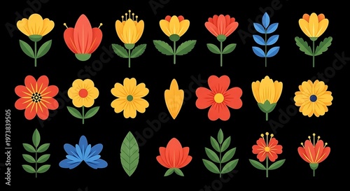 Geometric floral illustrations in various bright colors and shapes on a solid black background