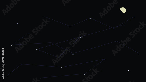 Celestial Nightscape: A captivating view of the night sky, where stars are connected by lines, forming constellations, while a crescent moon watches over. 