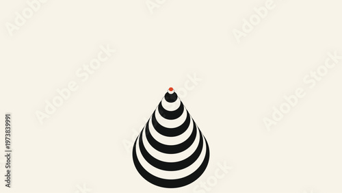 Geometric Teardrop: Abstract artwork featuring concentric striped circles forming a teardrop shape with a red dot at the top, creating a minimalist and visually striking composition.