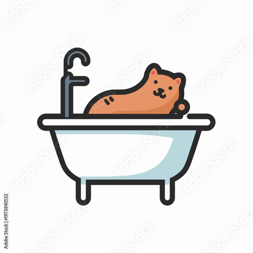 An adorable cat relaxing in a bathtub, enjoying bath time. The illustration depicts a cute feline taking a bath with a friendly smile