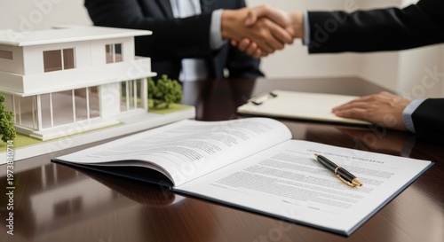 Real estate deal agreement with handshake and house model on the table