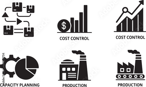 Operations management icon set including supply chain, cost control, capacity planning and production symbols. Solid style business and logistics vector icons