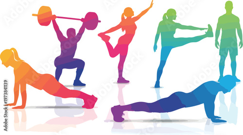 Colorful fitness silhouettes vector set, people exercising and weightlifting in gym, vibrant rainbow gradient workout figures for sports branding