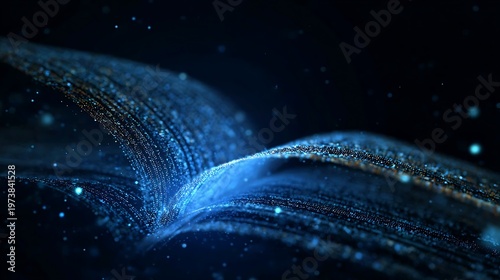 An abstract illustration of an open book with glowing particles 