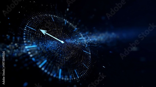 An abstract clock, representing time and speed. The image conveys motion, progress, and the relentless passage of time. The futuristic style creates a sense of innovation and technology.