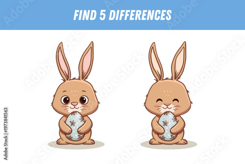 Find 5 differences between two pictures of cute cartoon bunny isolated on white background. Rabbit in flat style. Funny animal. Activity page. Vector illustration.