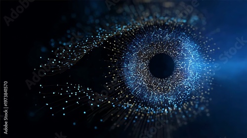 An eye made of data points looking toward light, symbol of digital revolution. The pupil is the central focus, surrounded by a radiant iris