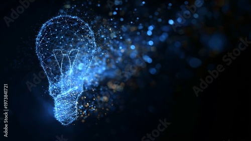 A luminous bulb comprised of interconnected points, suggesting innovation. The image features a light bulb dissipating into radiant particles, symbolizing new ideas and creative thinking