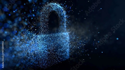 A digital padlock composed of numerous shimmering particles, representing security and protection