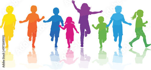 Colorful children silhouettes running and jumping, active group of kids playing together, vibrant rainbow colored youth figures with reflections