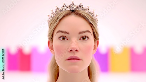 A regal young woman with a crown, embodying grace and royalty. Her poised demeanor is striking, as she gazes forward