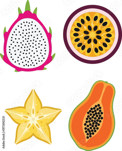 Exotic fruits collection dragon fruit passion fruit star fruit and papaya