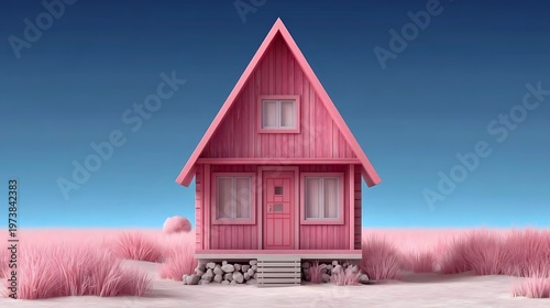A charming pink cottage with a pointed roof set against a vibrant blue sky and a field of pink vegetation