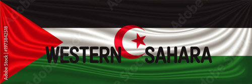 Western Sahara Flag Waving Fabric Banner with National Colors Crescent Star Symbol and Bold Text Illustration