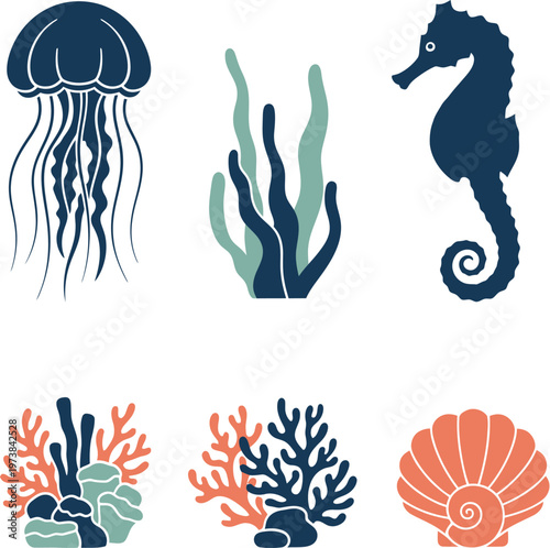 Marine life illustration jellyfish seahorse coral and seaweed
