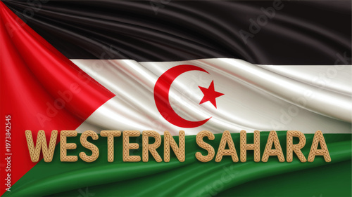 Western Sahara flag waving with textured fabric, Sahrawi Arab Democratic Republic banner and national symbol illustration