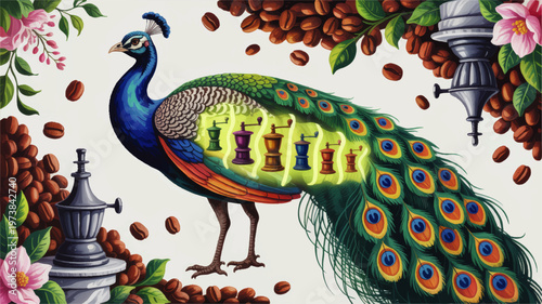 Vibrant peacock with coffee grinders in feathers, surrounded by beans, flowers and leaves in whimsical surreal illustration